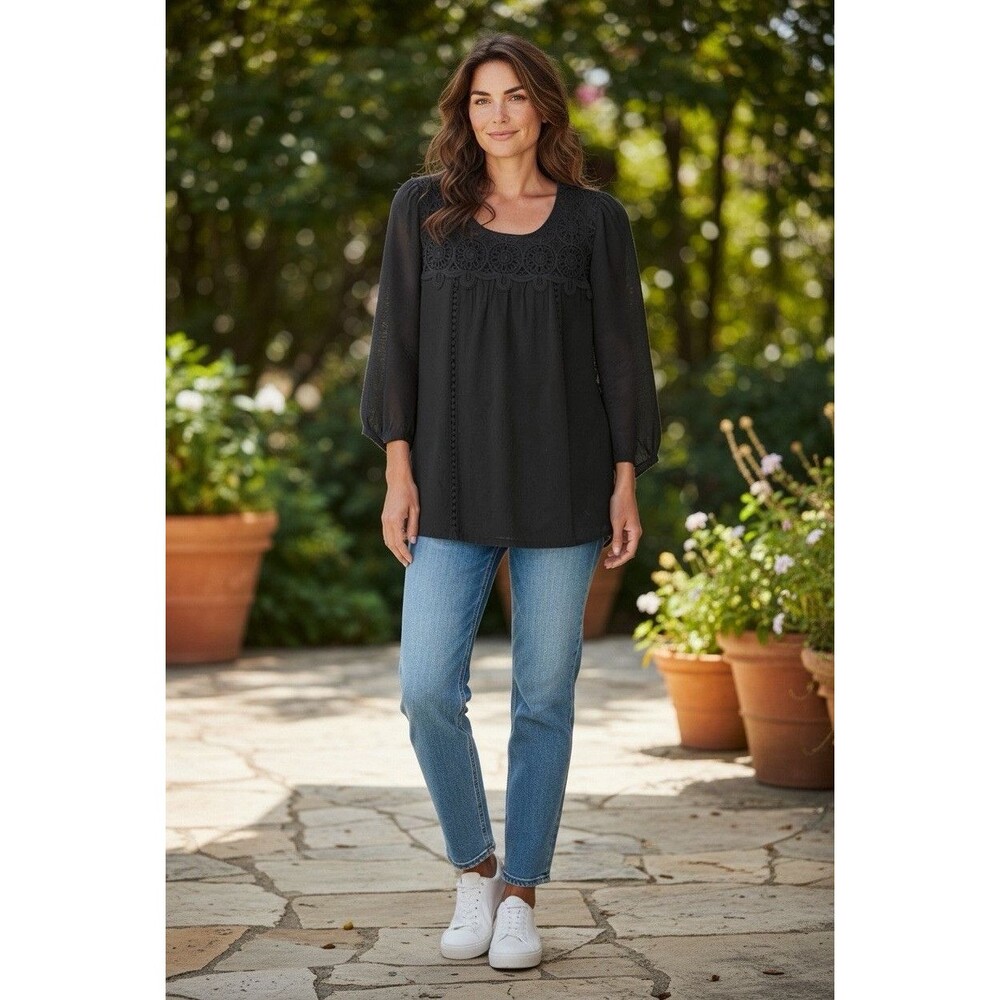 Fig and Flower Womens M Black Lace Yoke Sheer Scoop Neck 3/4 Sleeve Tunic